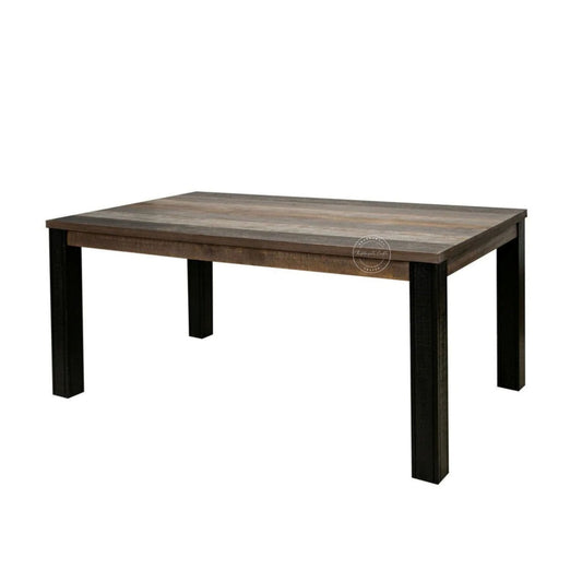 A rectangular wooden dining table with a rustic brown wood-grain top and four dark black legs, shown on a plain white background.