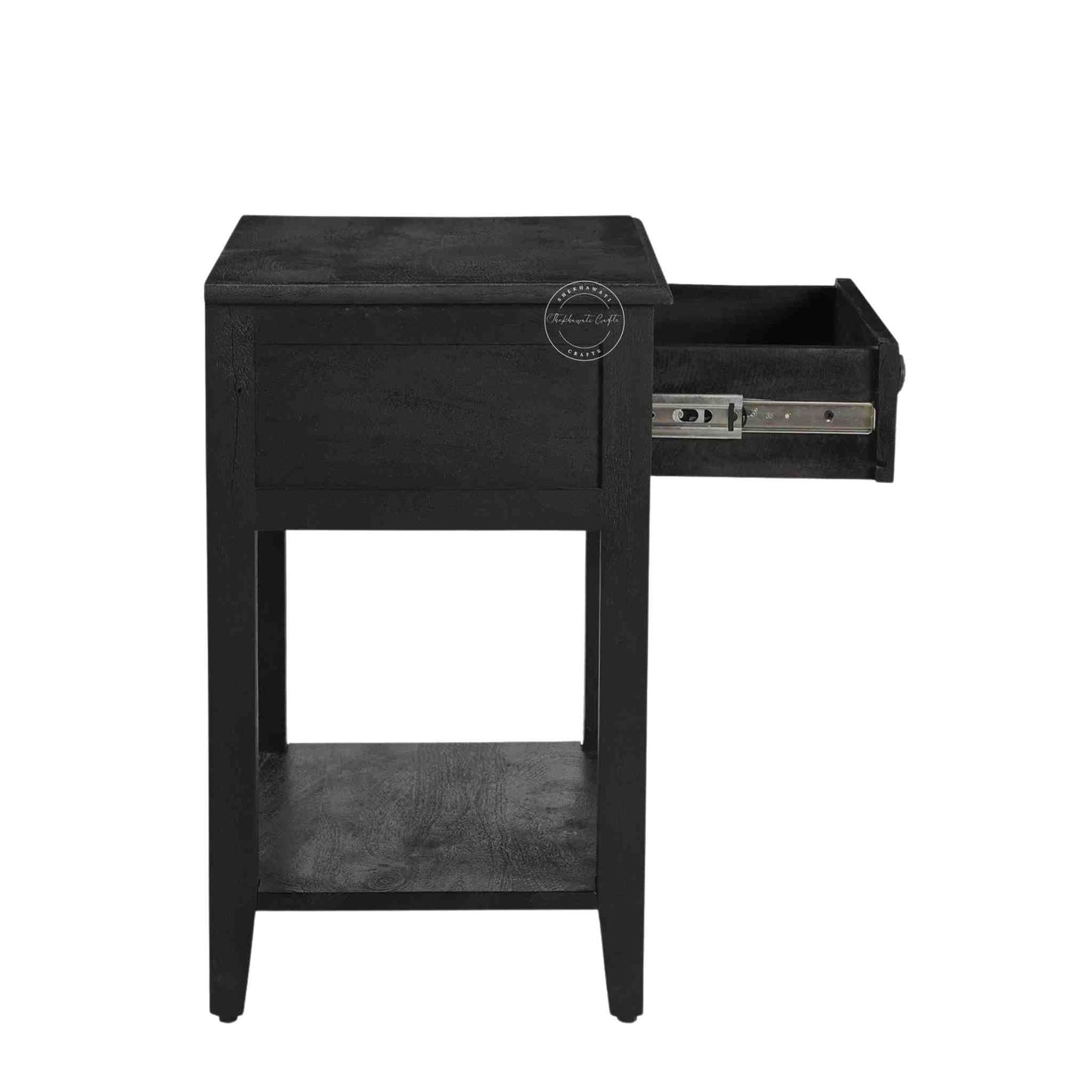 Evie bedside table is crafted from mango wood and a matte black finish.