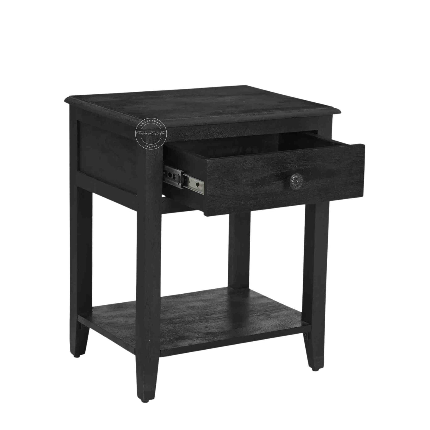 Evie bedside table is crafted from mango wood and a matte black finish.