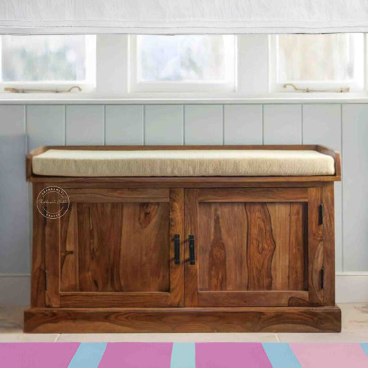 floral bench is handcrafted with sheesham wood and honey finish with 2 doors