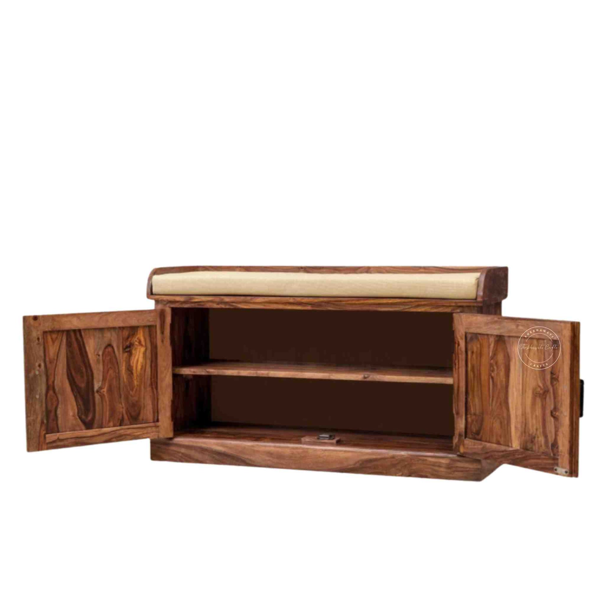 floral bench is handcrafted with sheesham wood and honey finish with 2 doors