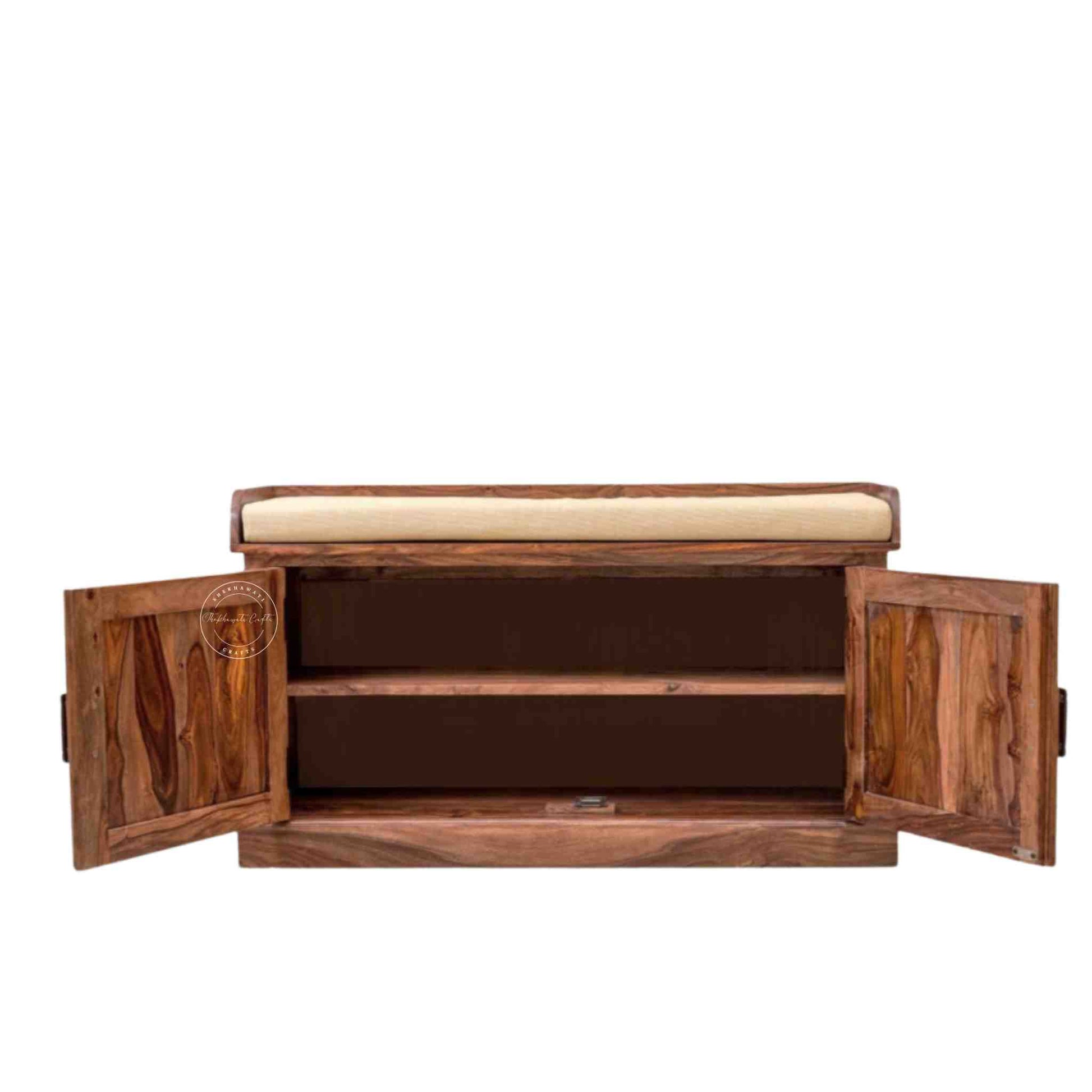 floral bench is handcrafted with sheesham wood and honey finish with 2 doors