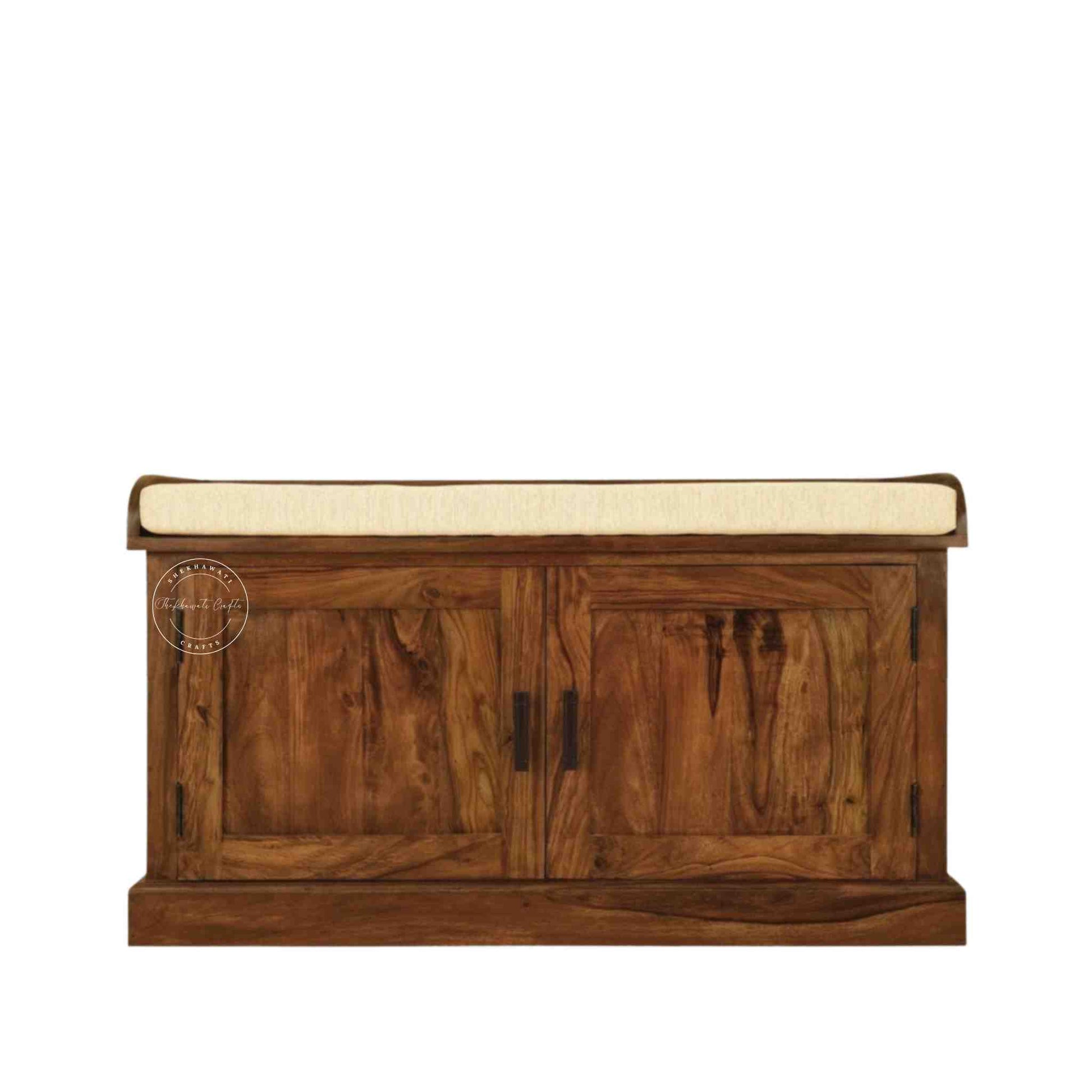 floral bench is handcrafted with sheesham wood and honey finish with 2 doors