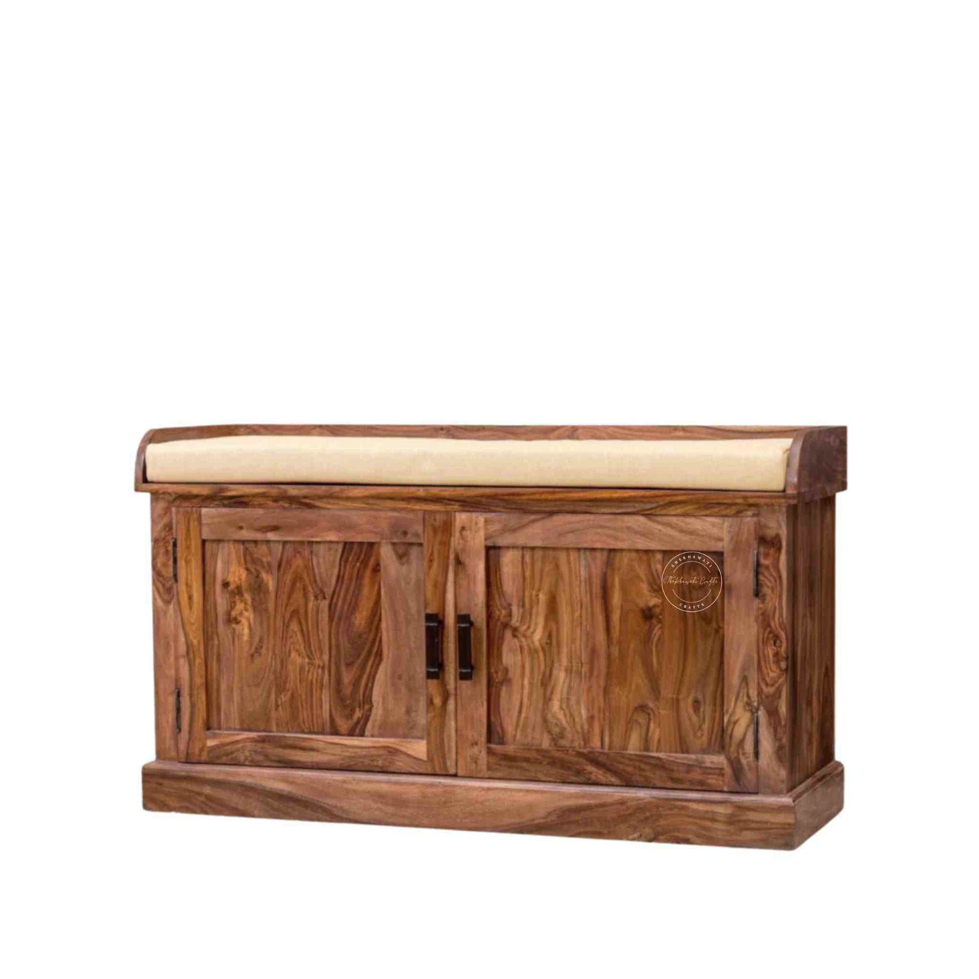 floral bench is handcrafted with sheesham wood and honey finish with 2 doors