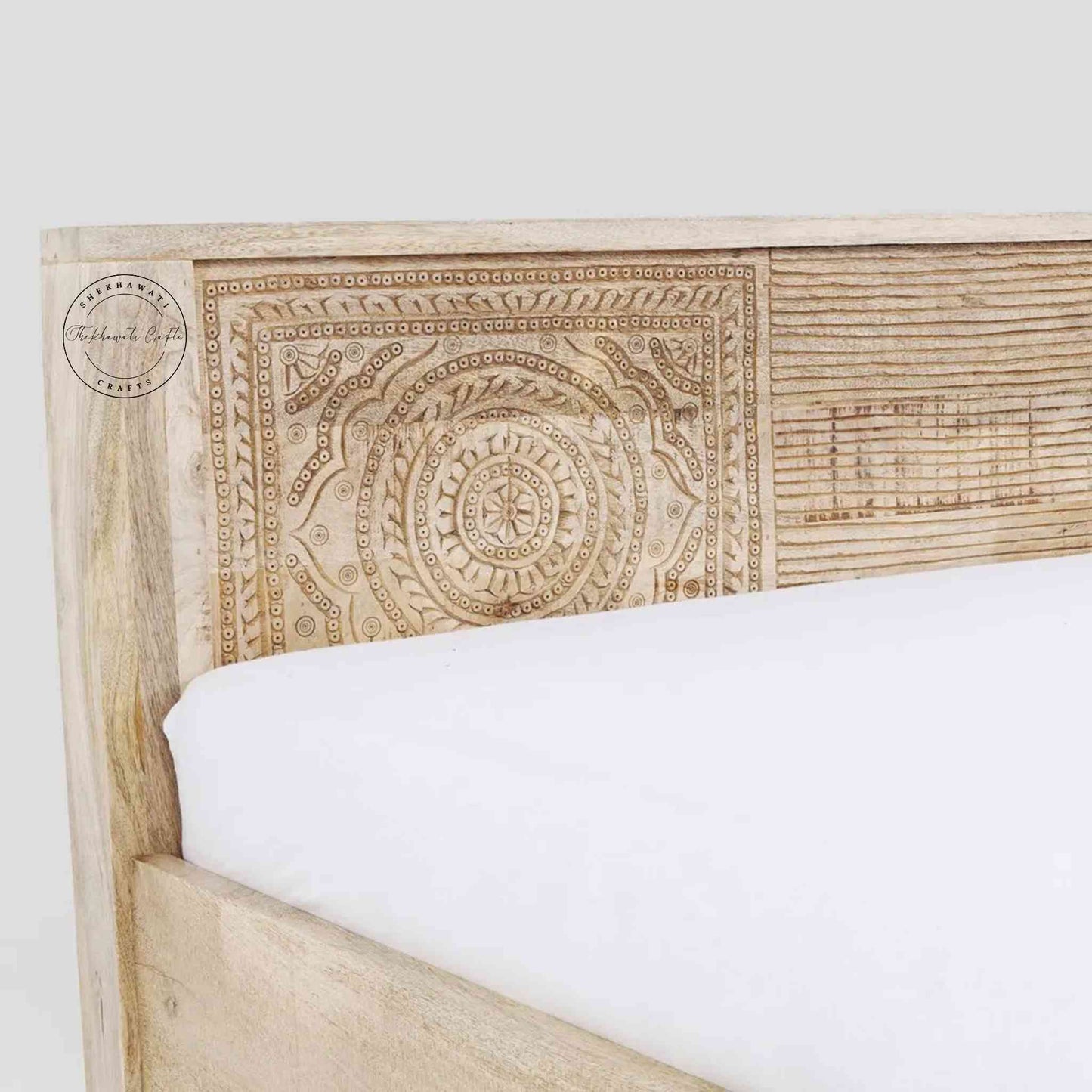 Frencho King Size Bed made from solid mango wood, featuring vintage design, hand-carved detailing, natural finish and foldable structure.