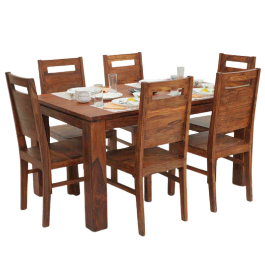 Gautam Dining Set with 6 chairs, solid Sheesham wood, natural finish, foldable table, modern design, and termite-free durability for stylish dining furniture.
