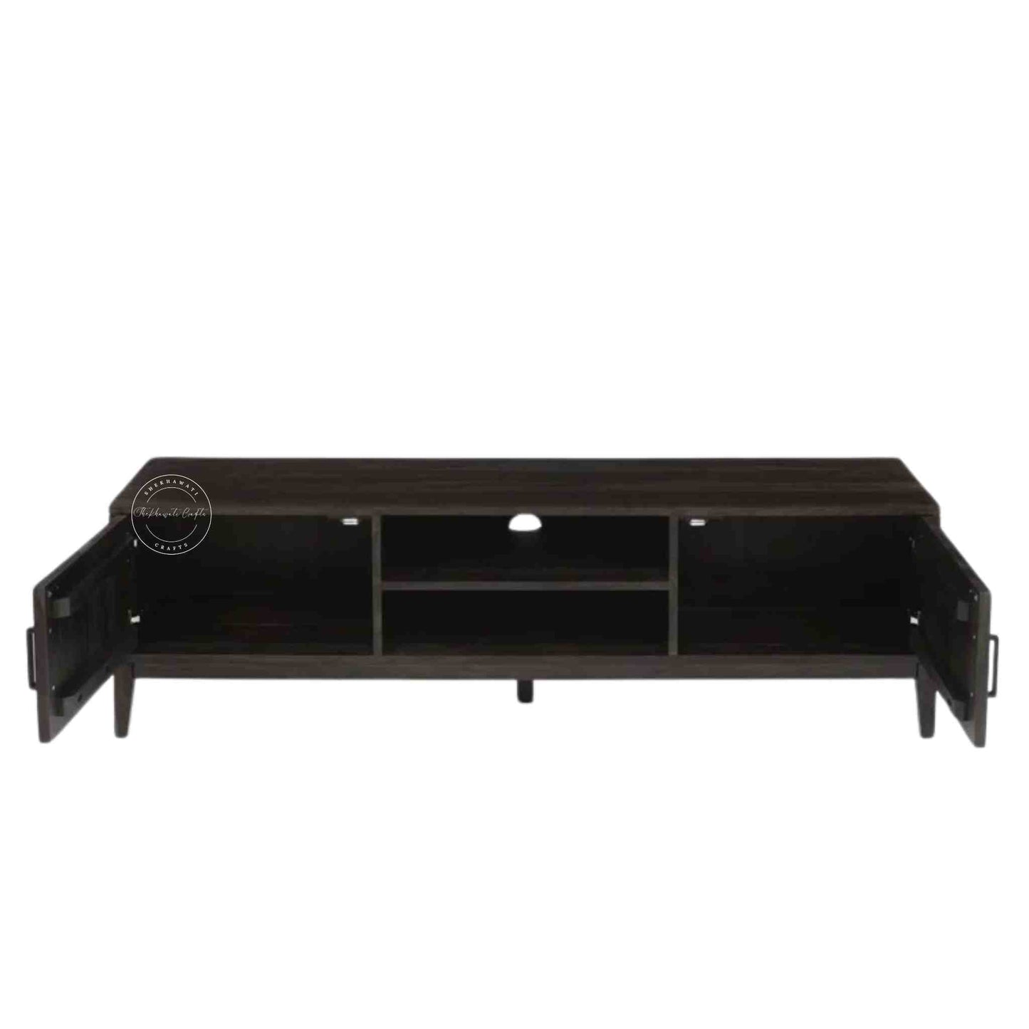hayden tv unit handcrafted with sheesham wood with 2 doors and an open shelf.