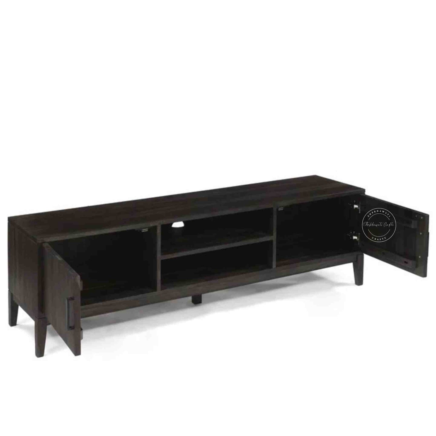 hayden tv unit handcrafted with sheesham wood with 2 doors and an open shelf.