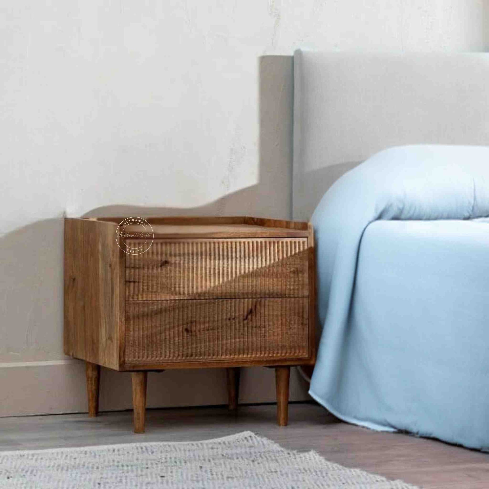 hazal 2 drawer bedside handmade with mango wood and a natural mango stain finish