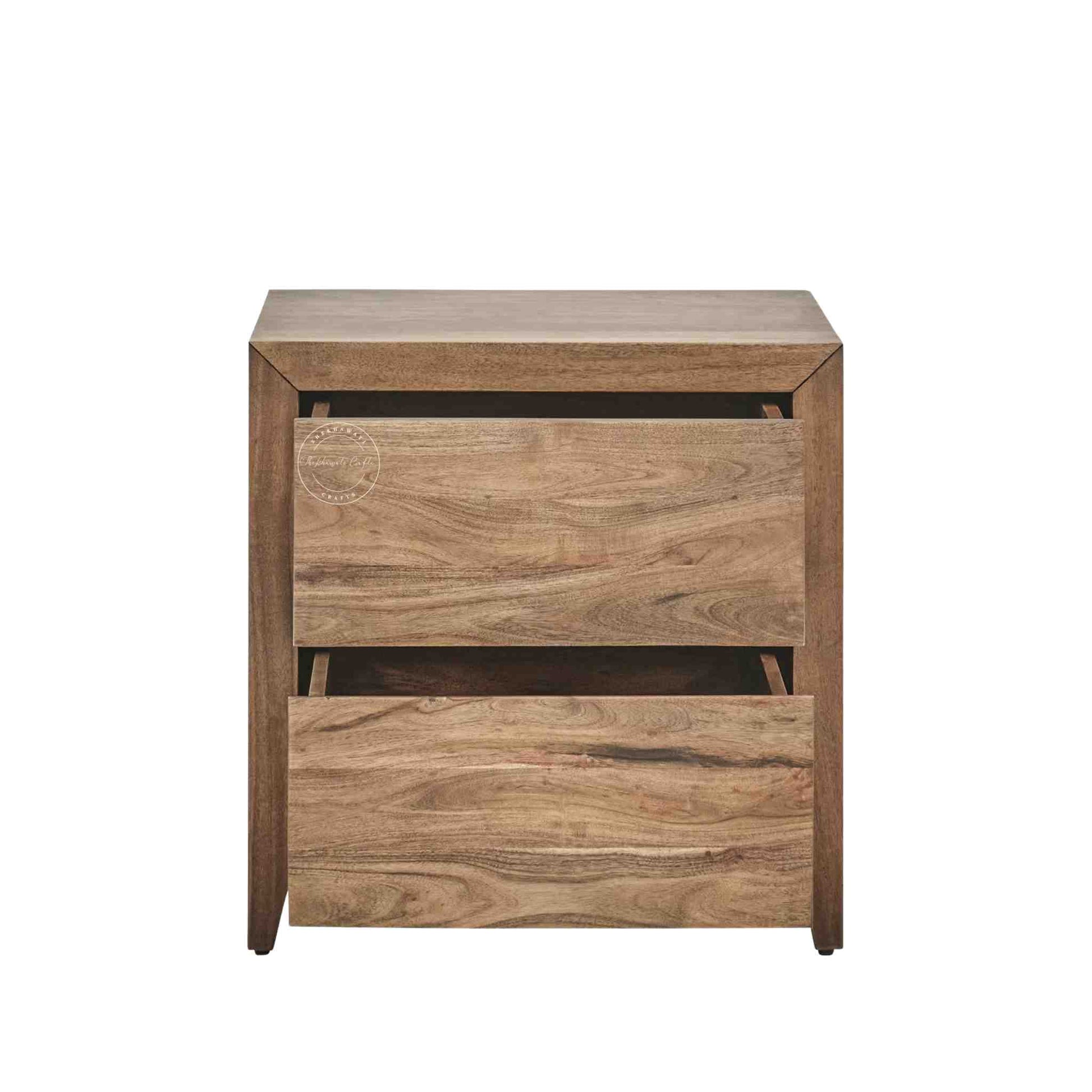 Helios Bedside Table is handcrafted from acacia wood and has 2 drawers for storage