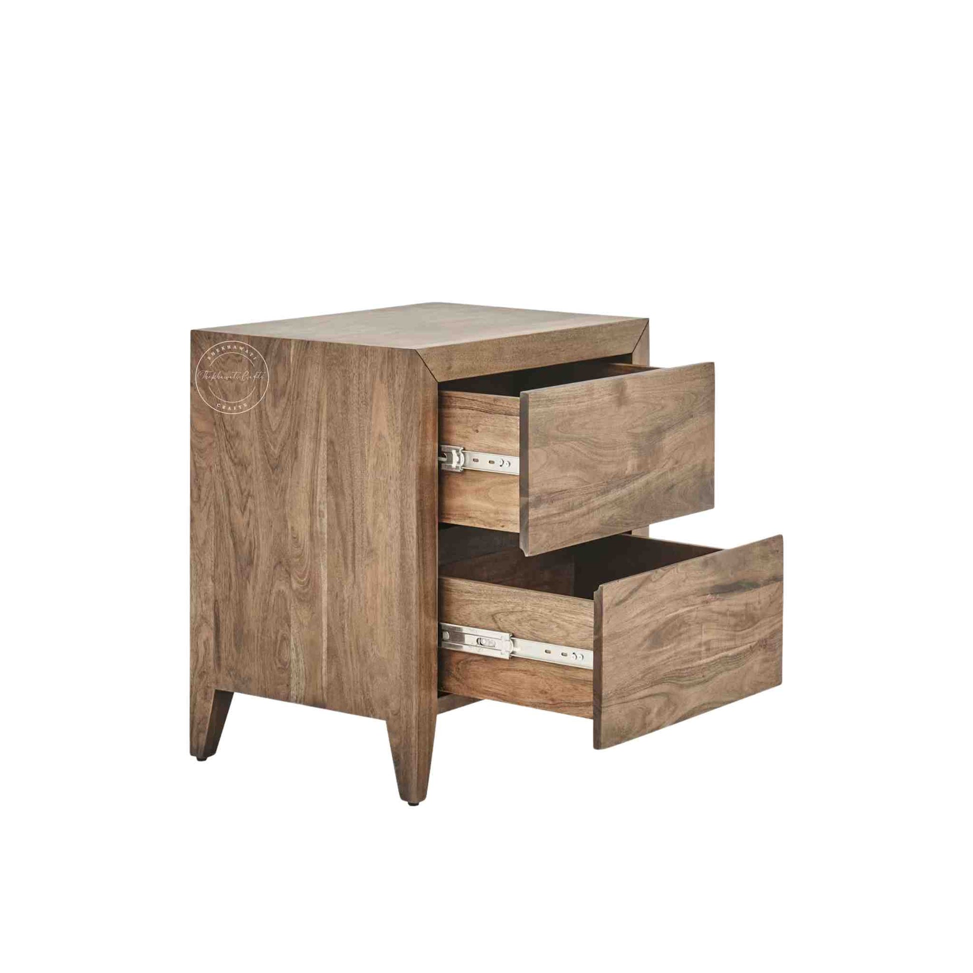 Helios Bedside Table is handcrafted from acacia wood and has 2 drawers for storage