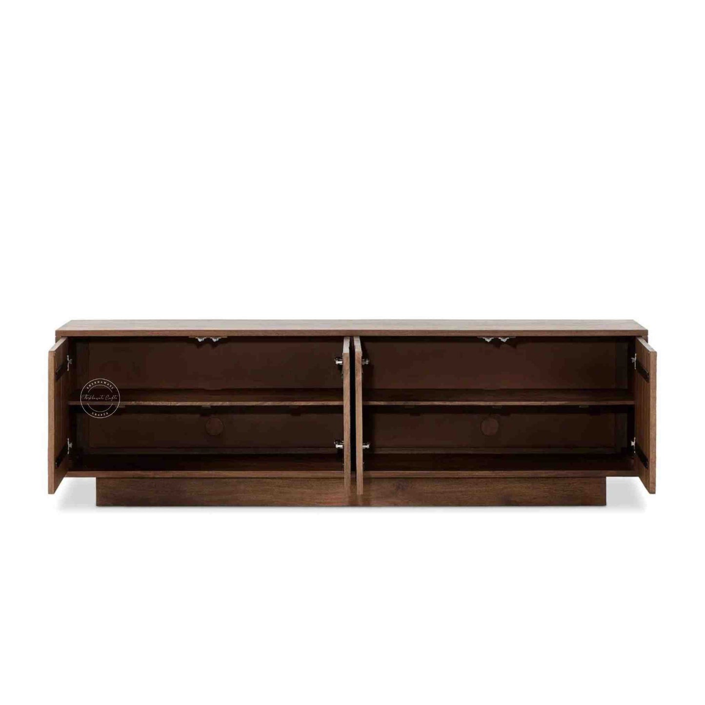 handmade helios solid wood TV unit with natural mango wood finish and 4 doors.