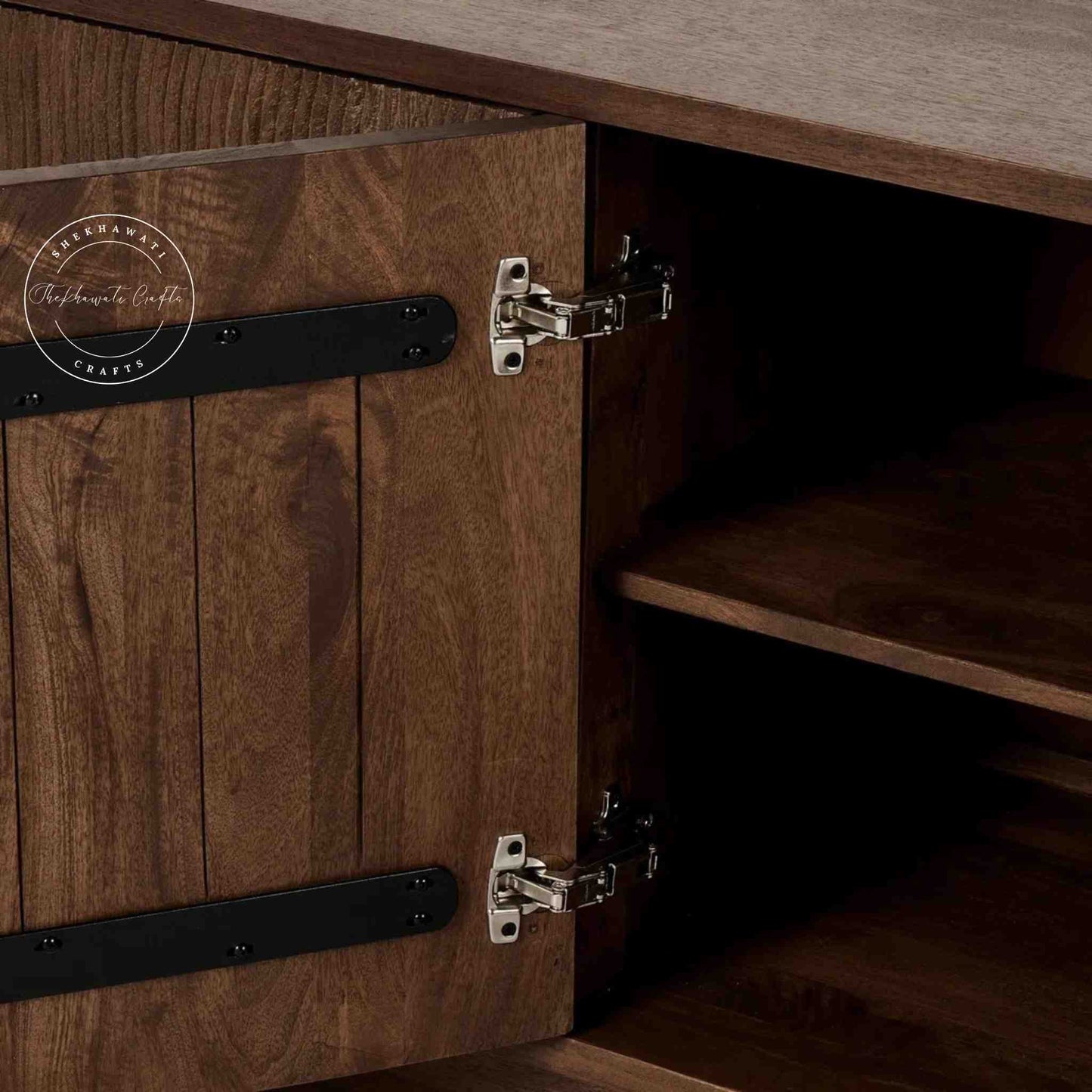 handmade helios solid wood TV unit with natural mango wood finish and 4 doors.