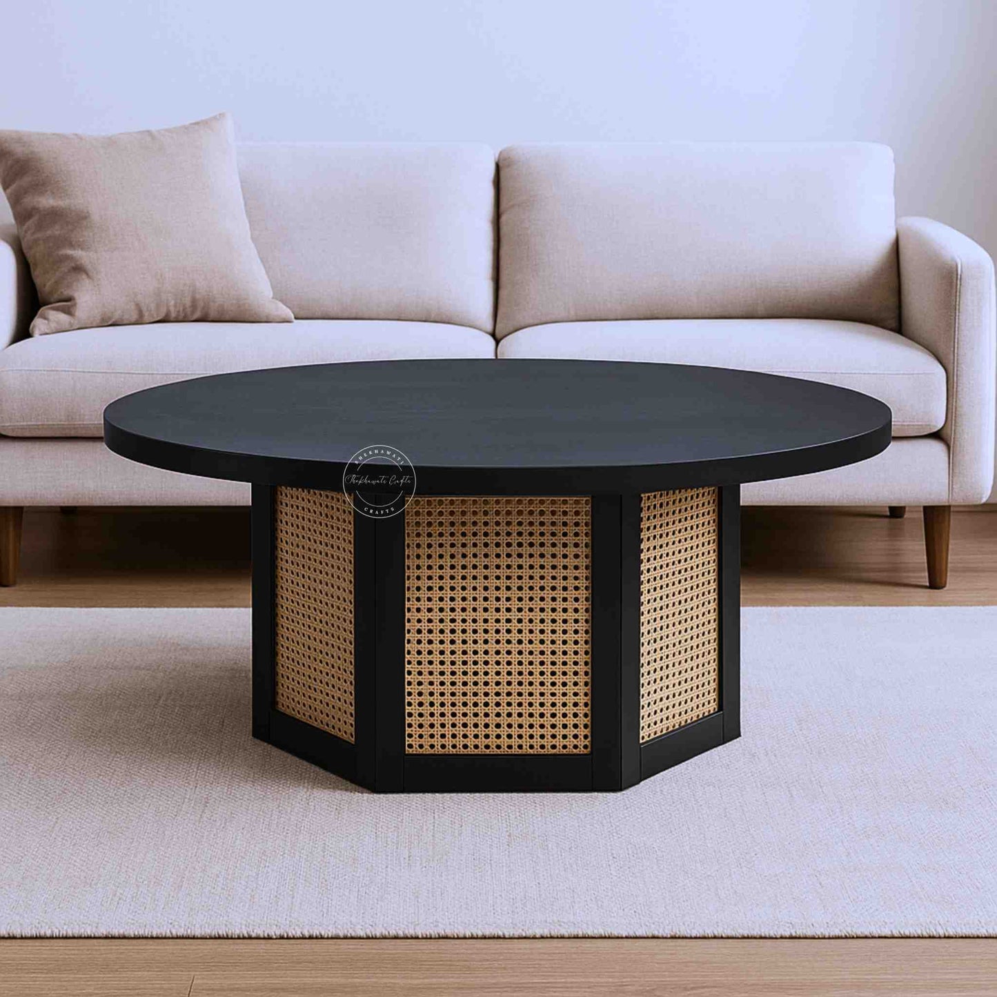 hexacane rattan coffee table is crafted from mango wood with rattan cane and matte black finish.