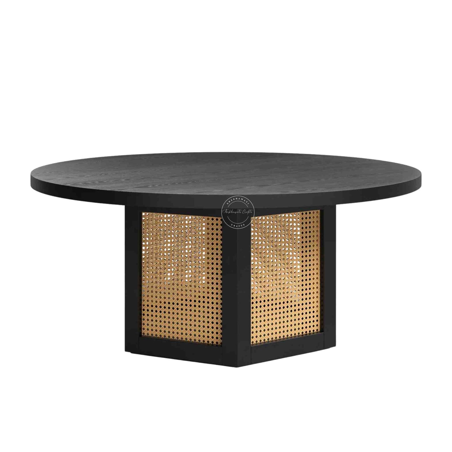 hexacane rattan coffee table is crafted from mango wood with rattan cane and matte black finish.