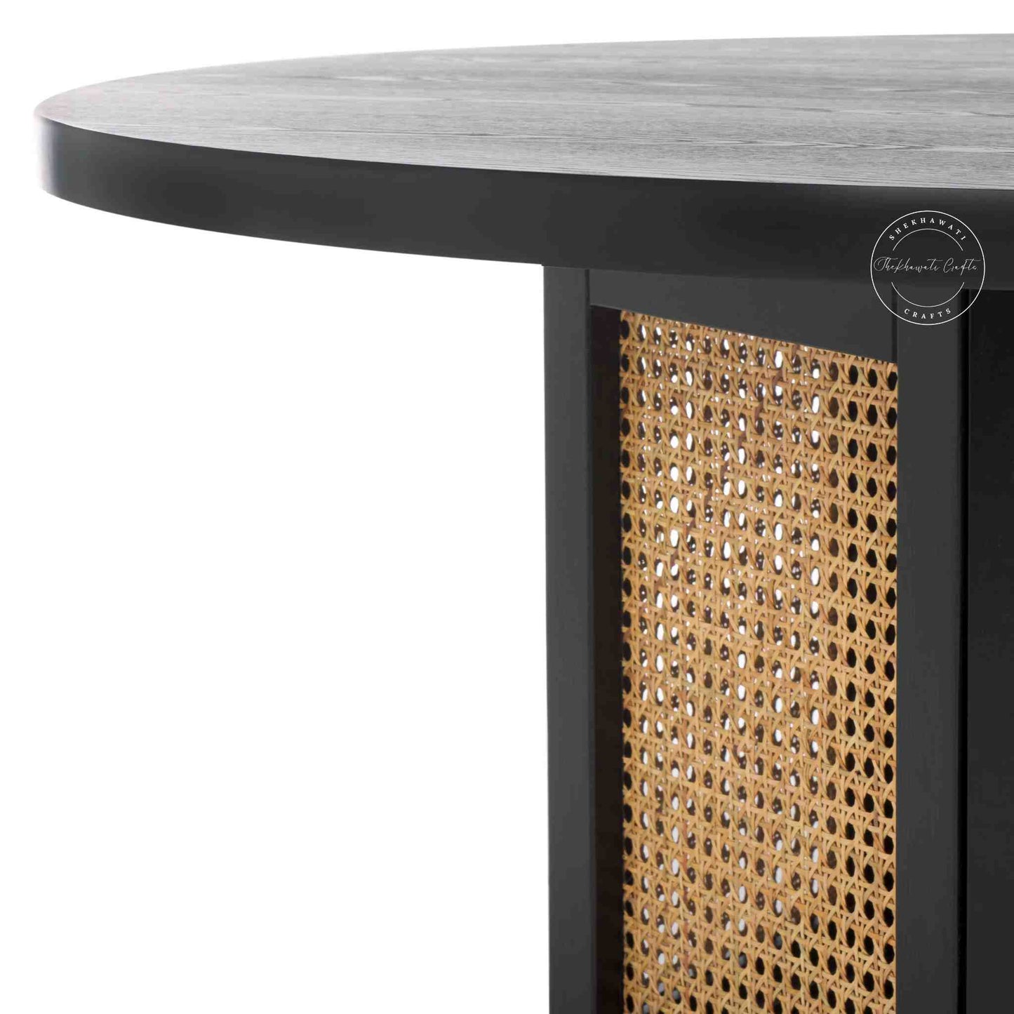 hexacane rattan coffee table is crafted from mango wood with rattan cane and matte black finish.