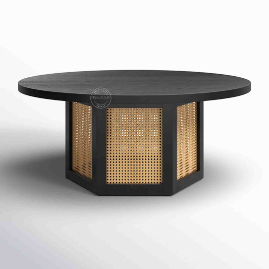 hexacane rattan coffee table is crafted from mango wood with rattan cane and matte black finish.