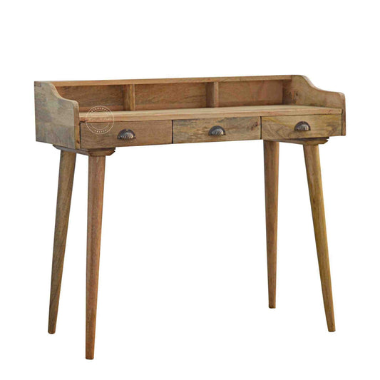 Handcrafted mango wood study desk with detachable legs, three drawers, and a luxurious natural finish for any workspace.