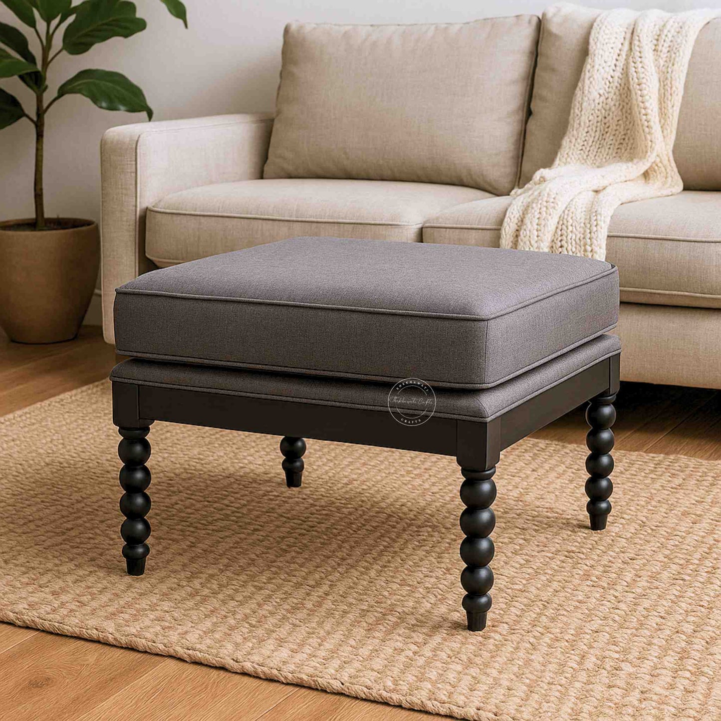 jasper ottoman stool is crafted with sheesham wood and jute fabric with matte black finish legs.