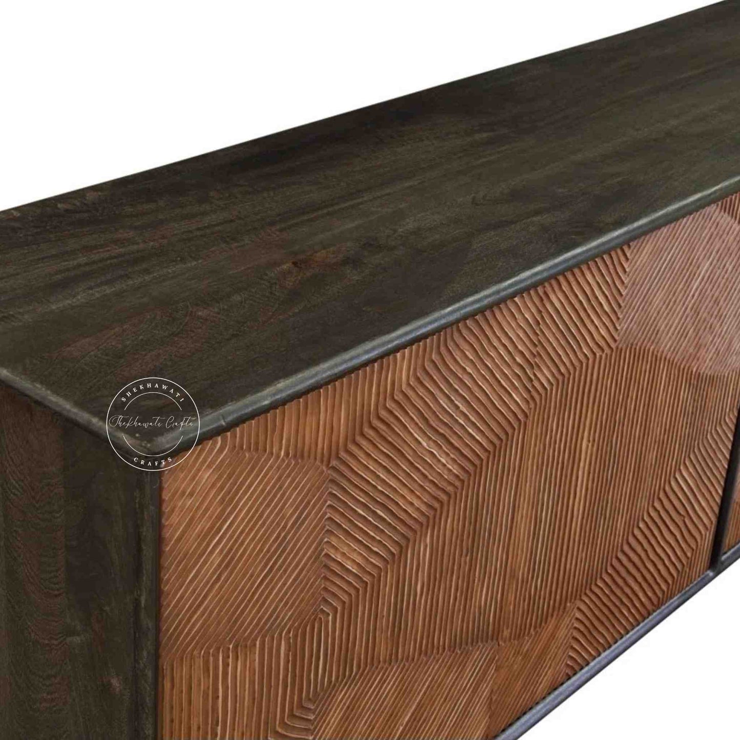 Kaari sideboard is handmade from mango wood with dual tone finish and iron legs.