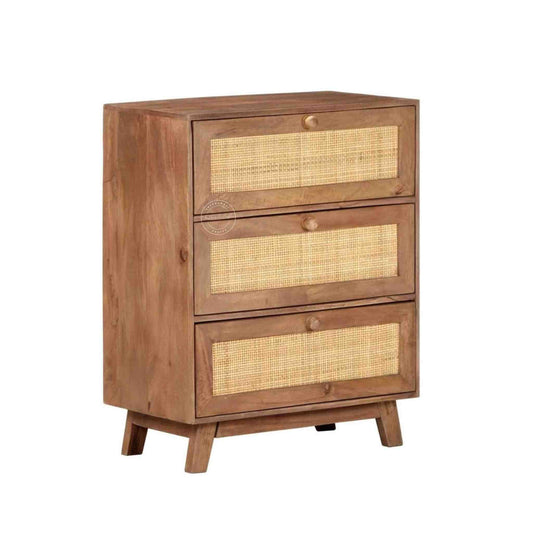 kai mini rattan chest of drawer is handcrafted with solid acacia wood with rattan cane design and natural wood finish.