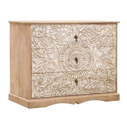 Karya Wooden Chest of Drawers, handcrafted from mango wood, a vintage design with a rustic white finish and 3 spacious drawers.