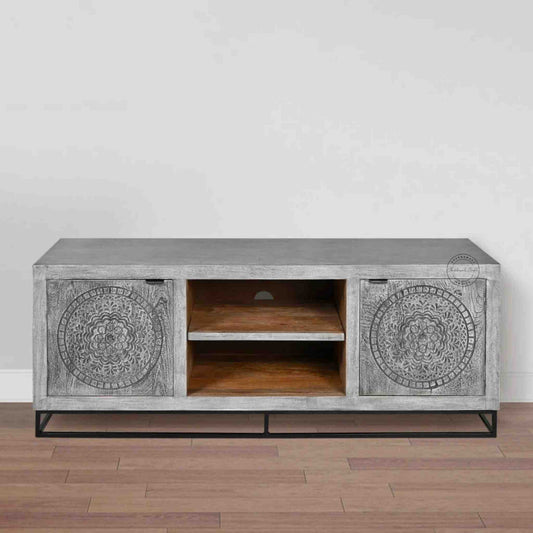 Lavender Vintage TV Cabinet handcrafted from solid mango wood with elegant hand-carved details and sturdy iron legs.