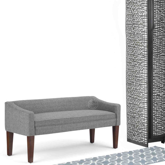 Layla Upholstered Bench is made from sheesham wood with premium jute fabric, featuring a low-height backrest, ideal for modern dining furniture and office furniture.