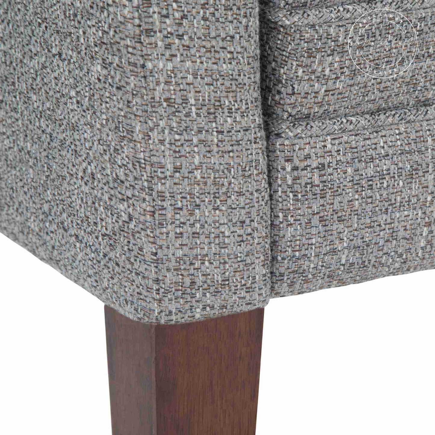 Layla Upholstered Bench is made from sheesham wood with premium jute fabric, featuring a low-height backrest, ideal for modern dining furniture and office furniture.