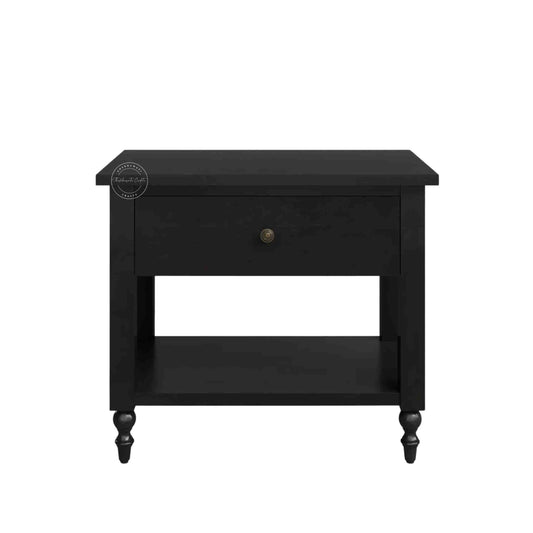 handmade Lego Mango Wood Nightstand Table with 1 drawer and matte black finish.