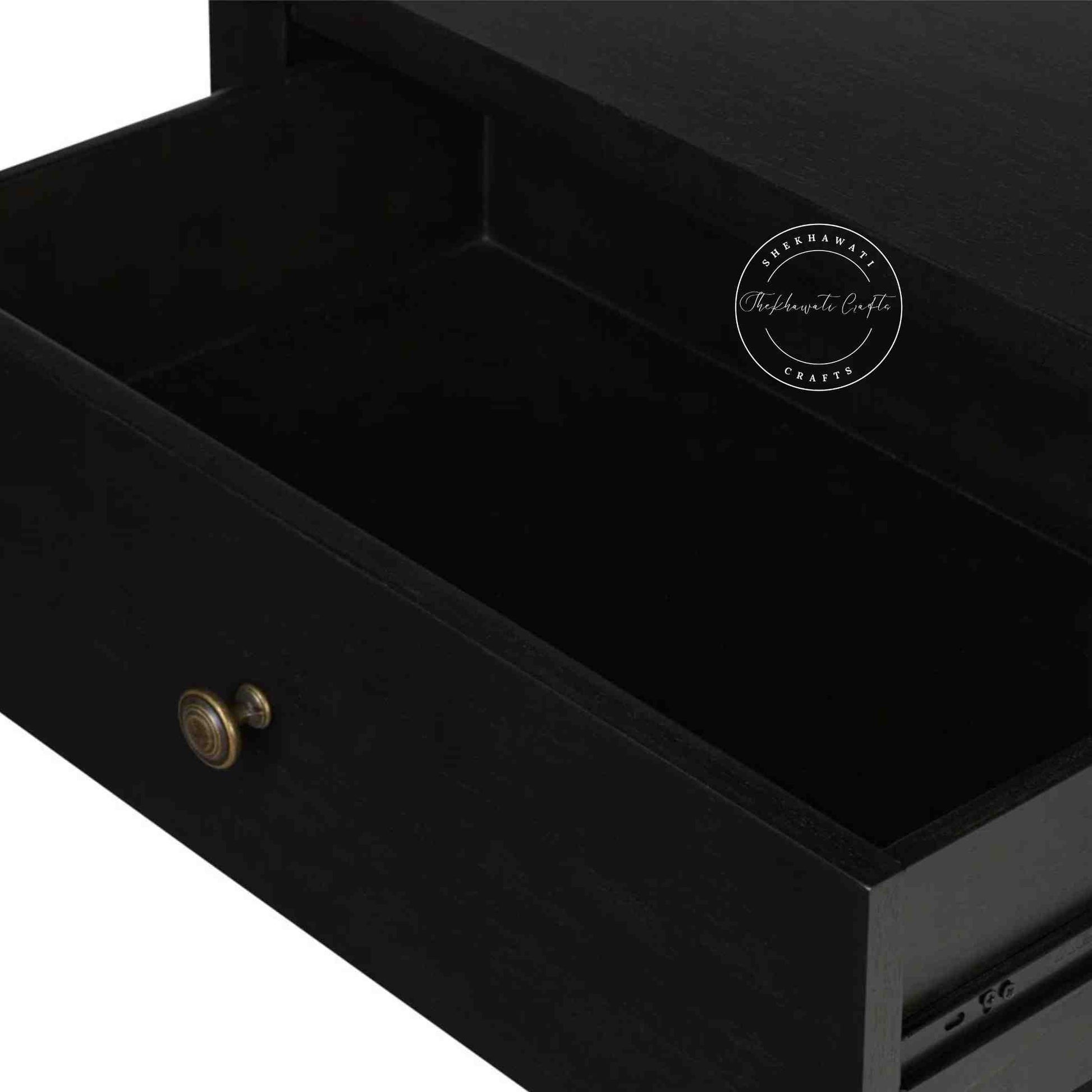 handmade Lego Mango Wood Nightstand Table with 1 drawer and matte black finish.