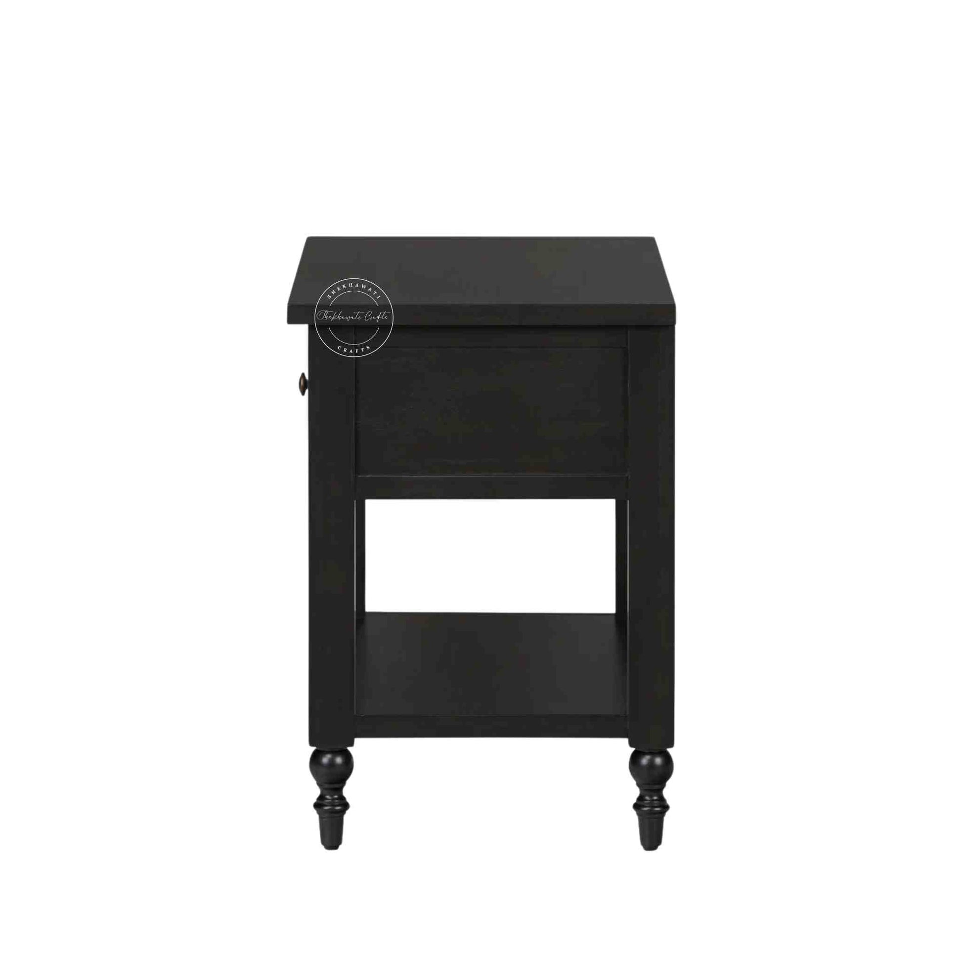 handmade Lego Mango Wood Nightstand Table with 1 drawer and matte black finish.