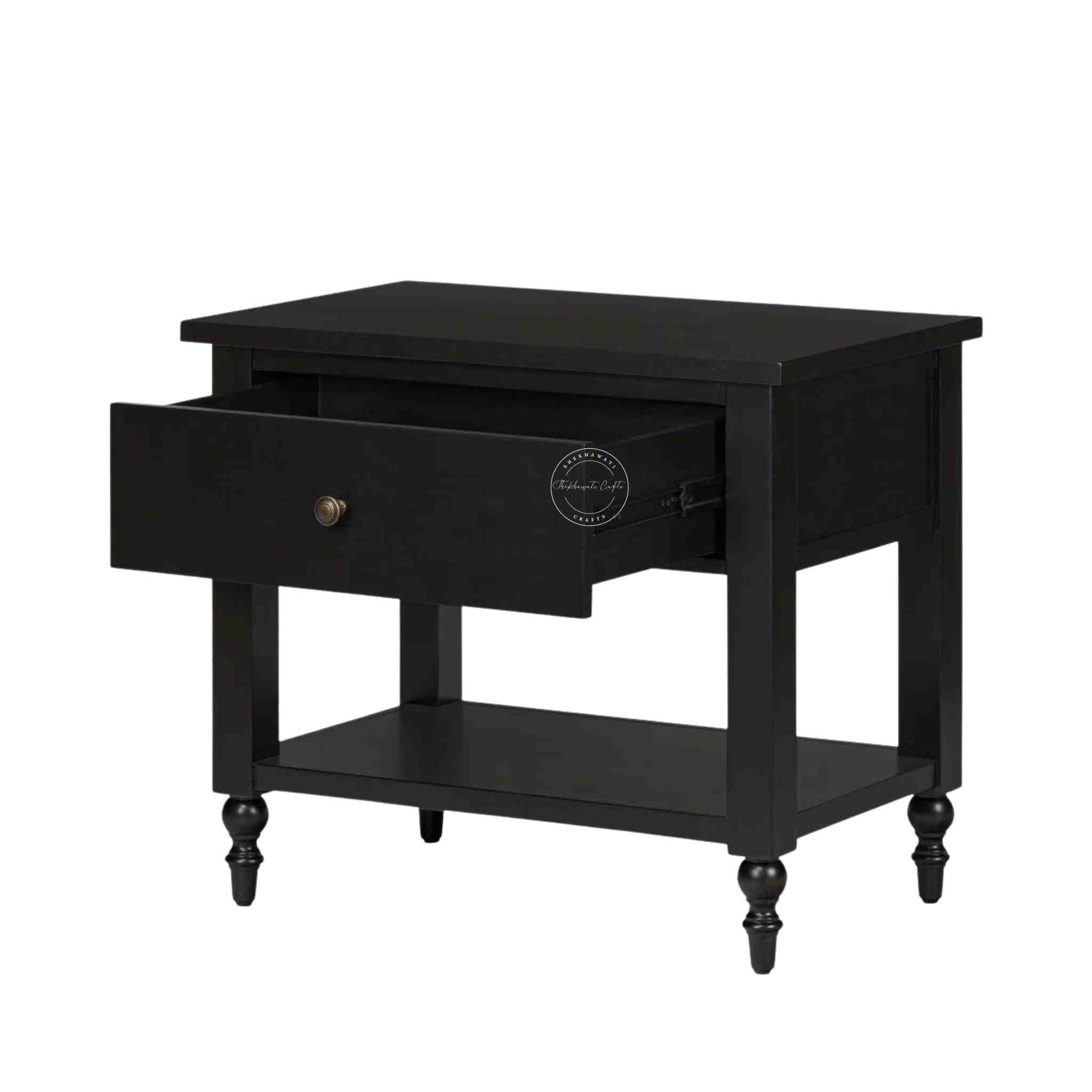 handmade Lego Mango Wood Nightstand Table with 1 drawer and matte black finish.
