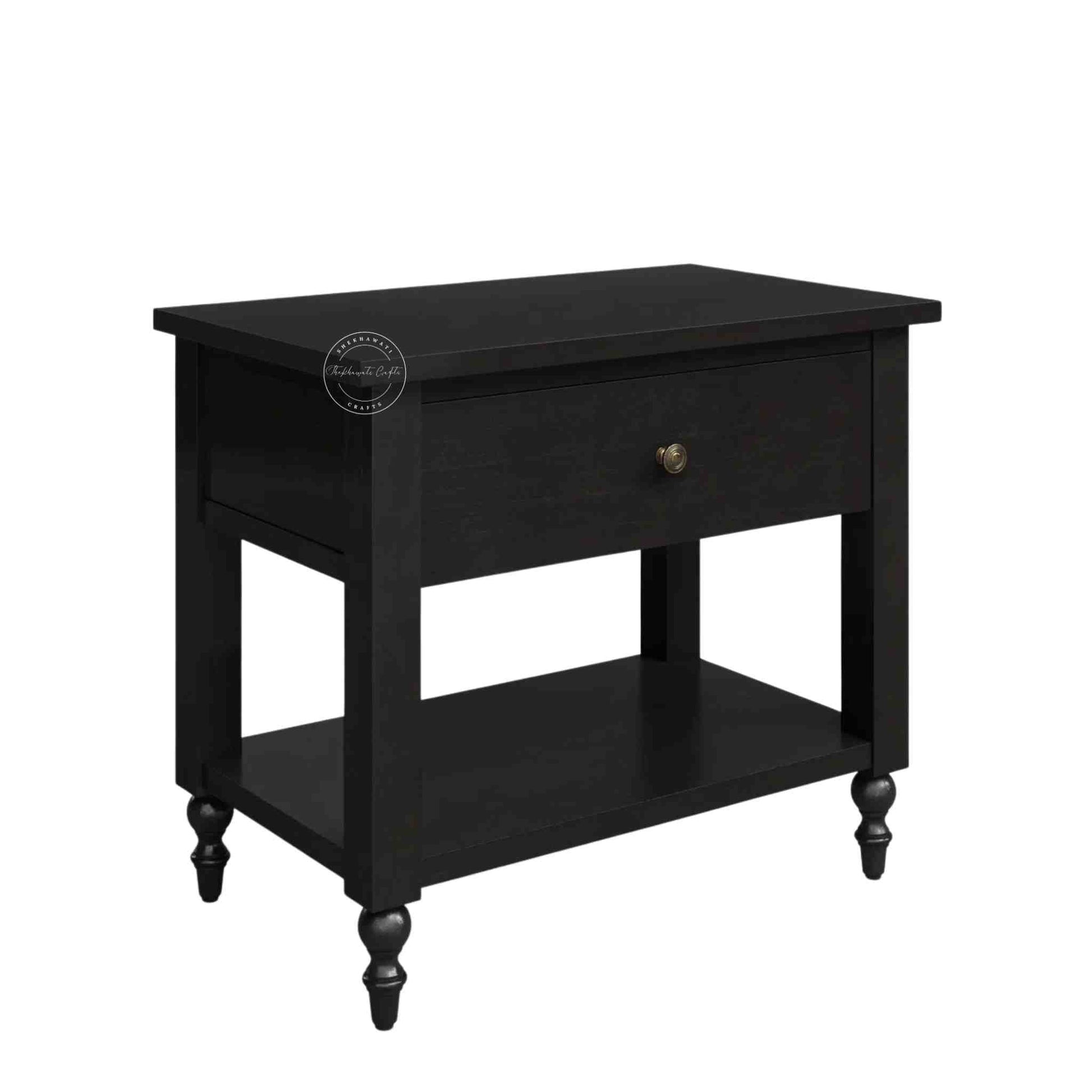 handmade Lego Mango Wood Nightstand Table with 1 drawer and matte black finish.