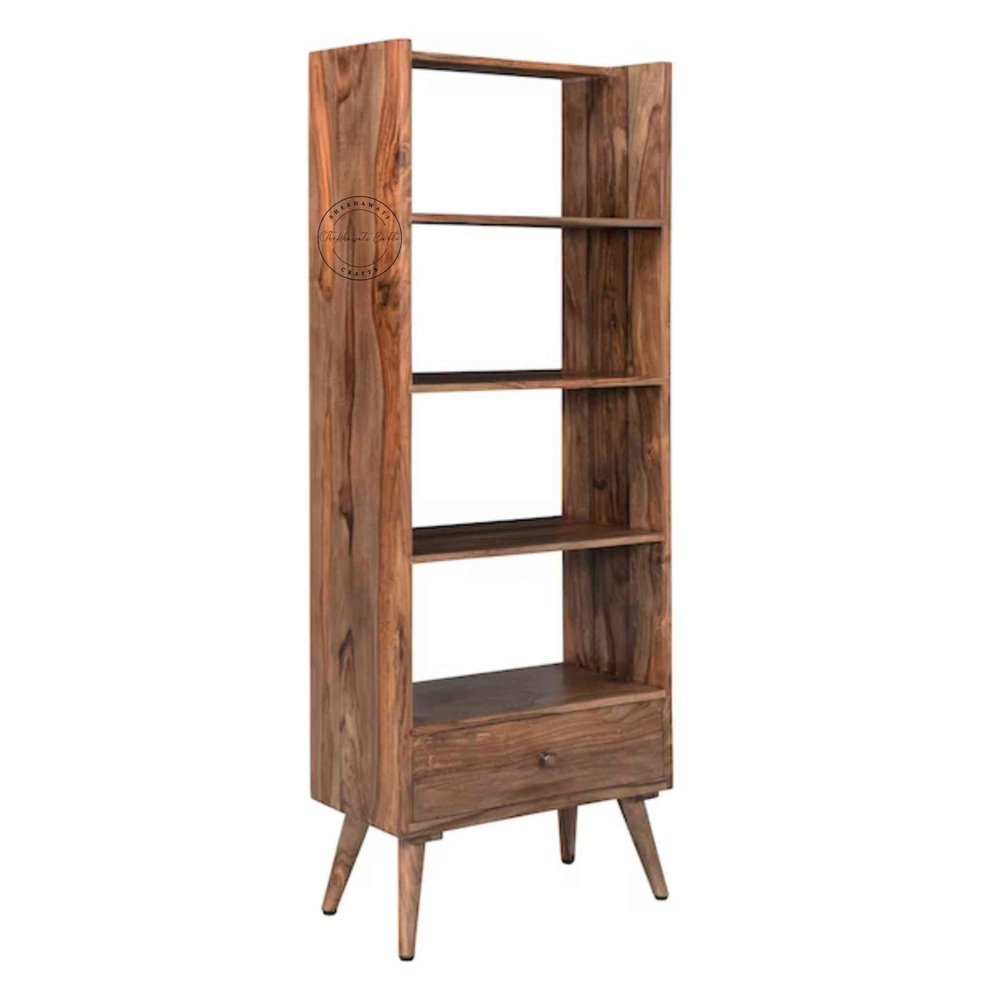 Libro Bookshelvesia is handcrafted with sheesham wood, a honey finish, 3 shelves and a bottom drawer.