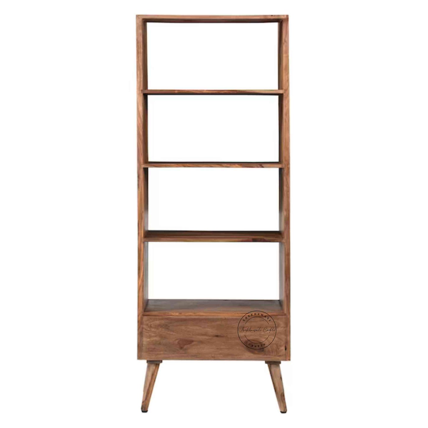 Libro Bookshelvesia is handcrafted with sheesham wood, a honey finish, 3 shelves and a bottom drawer.
