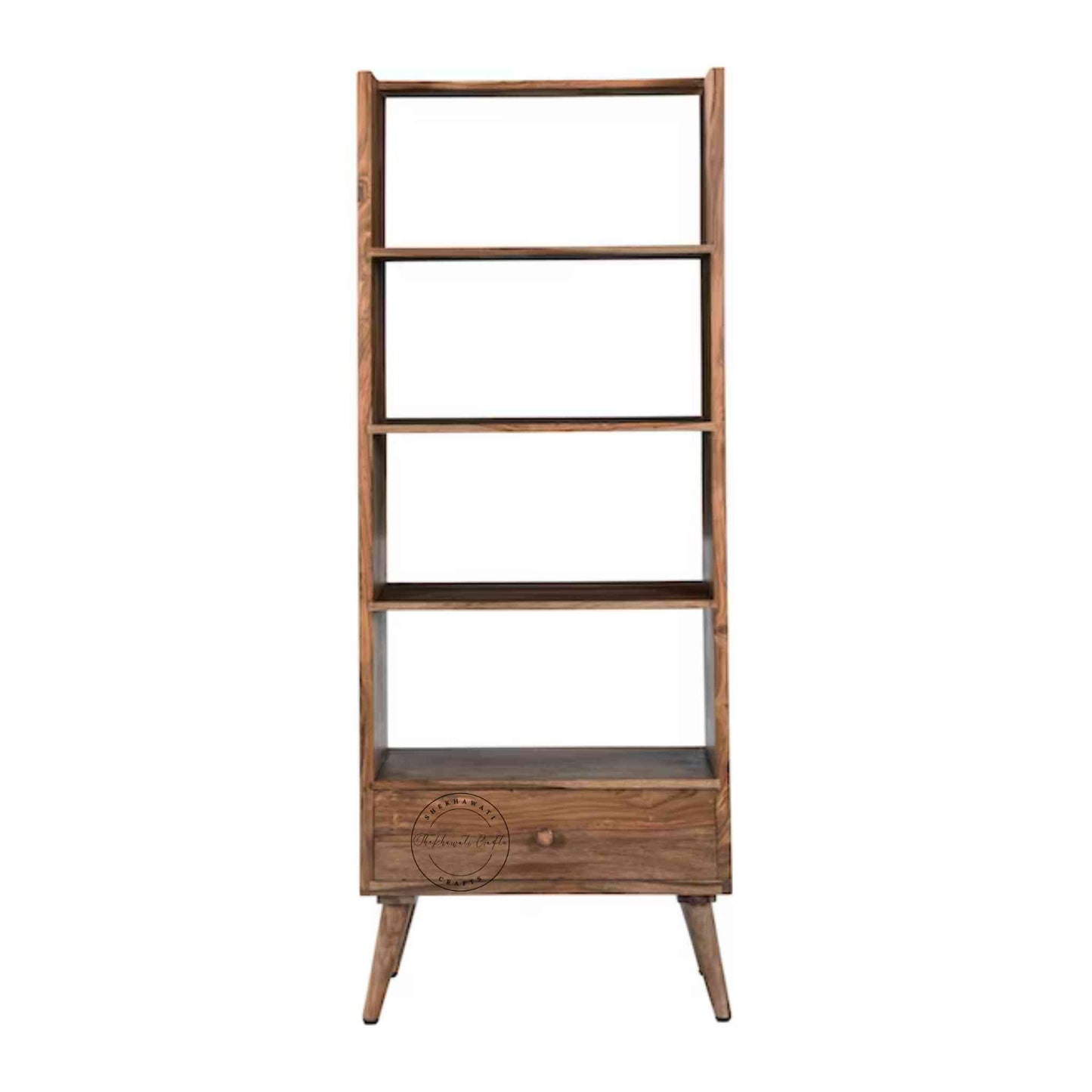 Libro Bookshelvesia is handcrafted with sheesham wood, a honey finish, 3 shelves and a bottom drawer.
