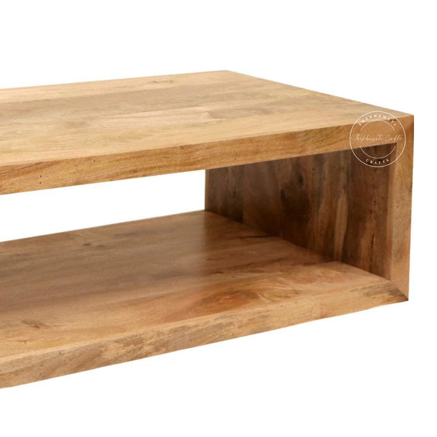 Luna center table crafted with mango wood with a natural mango wood finish.