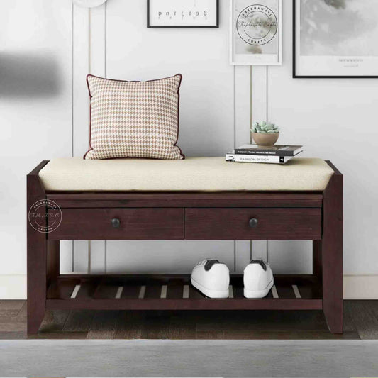 Lyla Mango Wood Storage Bench with red mahogany finish, seating cushion, 2 drawers, bottom shelf and entrance furniture for home or office.