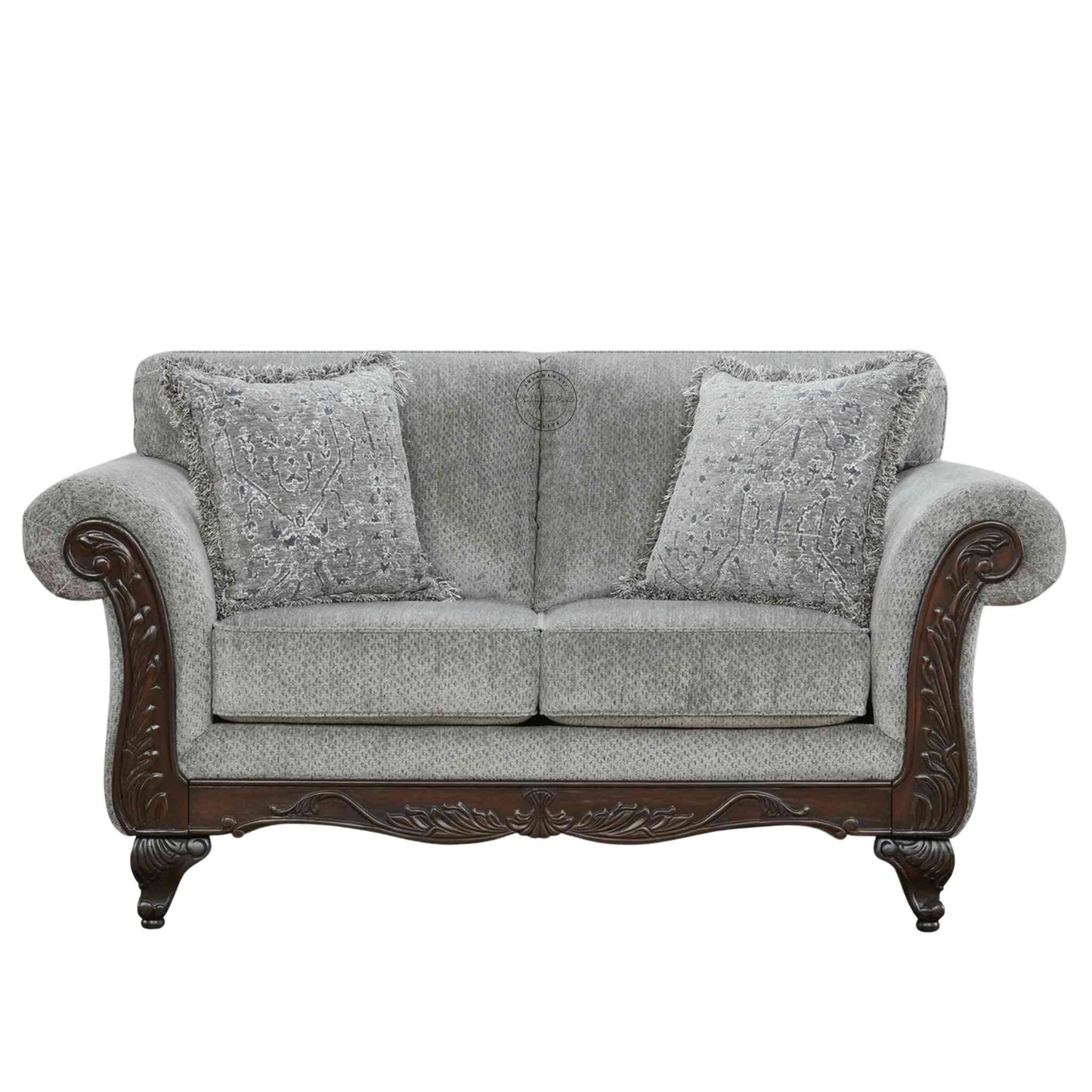 Handcrafted Maharaja Sofa in Sheesham wood with red mahogany finish, shekhawati style traditional vintage design, jute fabric, and extra comfort cushion.