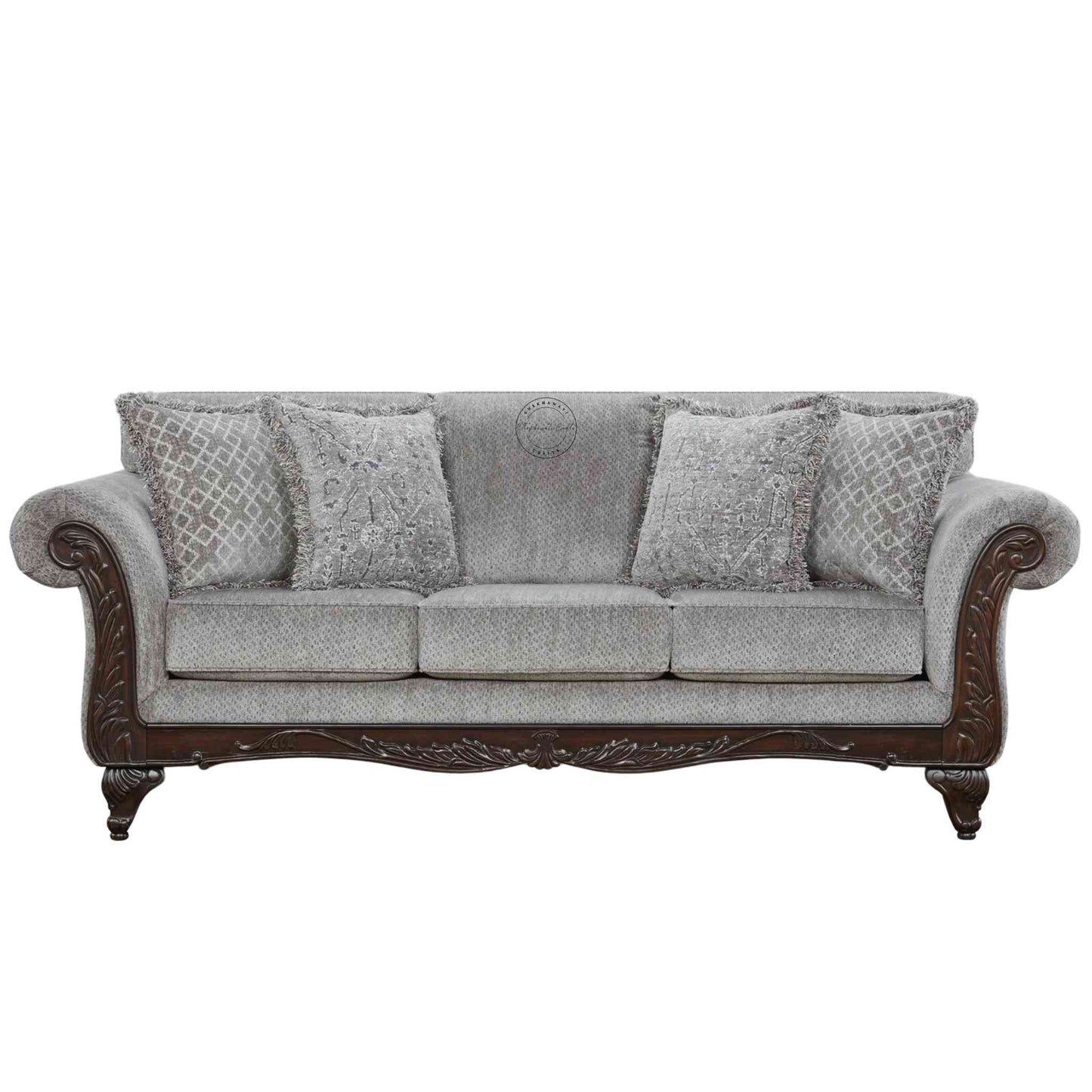 Handcrafted Maharaja Sofa in Sheesham wood with red mahogany finish, shekhawati style traditional vintage design, jute fabric, and extra comfort cushion.
