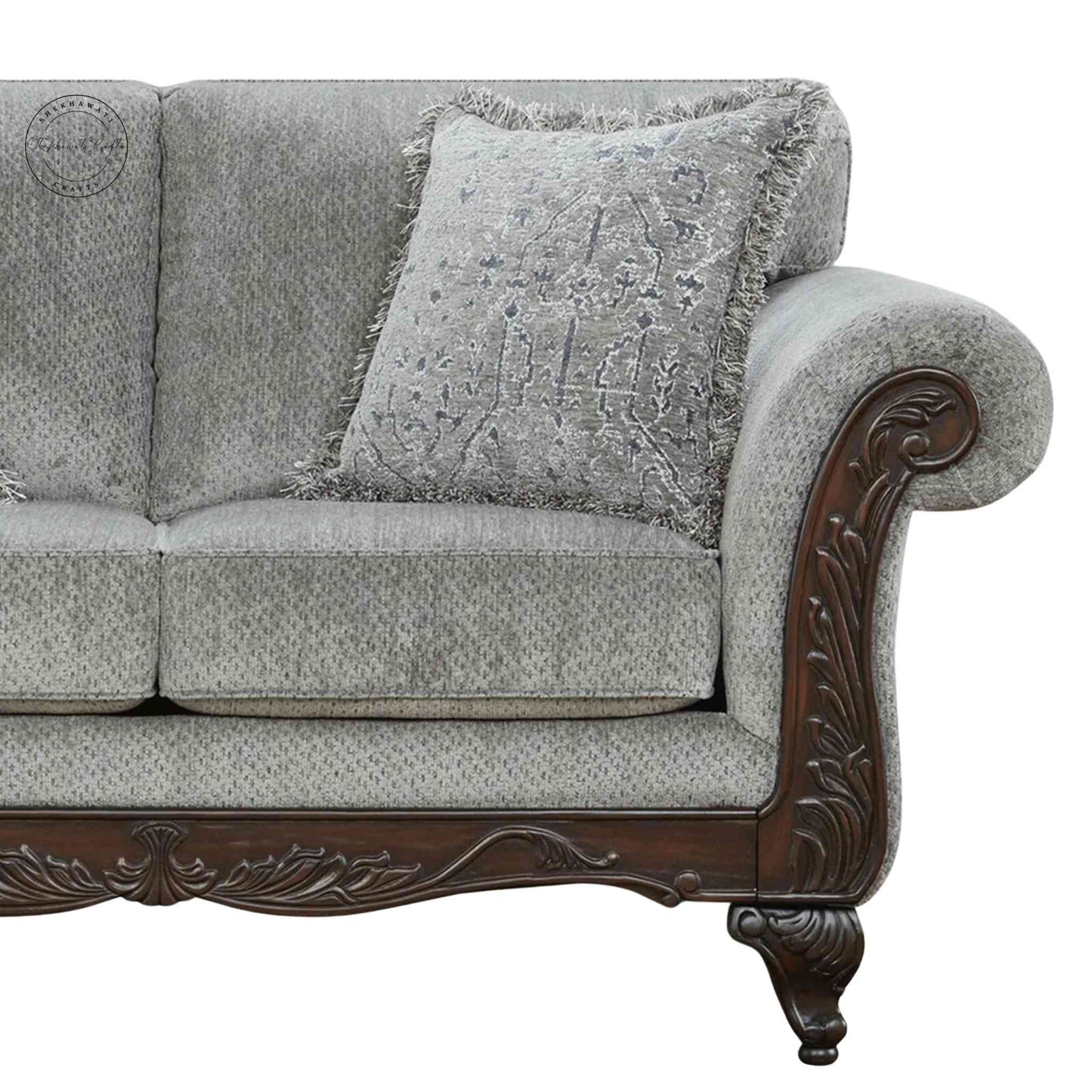 Handcrafted Maharaja Sofa in Sheesham wood with red mahogany finish, shekhawati style traditional vintage design, jute fabric, and extra comfort cushion.