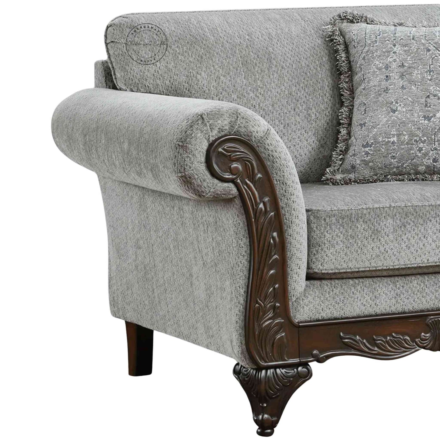 Handcrafted Maharaja Sofa in Sheesham wood with red mahogany finish, shekhawati style traditional vintage design, jute fabric, and extra comfort cushion.