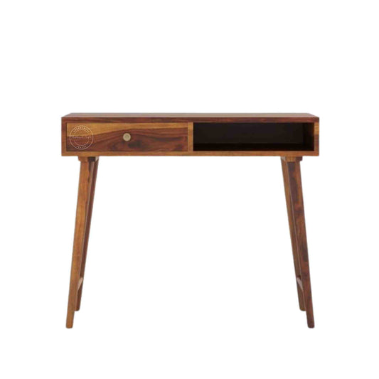 Malabar study table handcrafted with solid wood and natural finish with 1 drawer and 1 open shelf