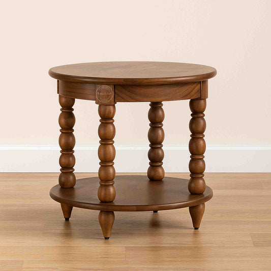 Handmade Marieta Sheesham Wood Vintage End Table in a dark honey finish.