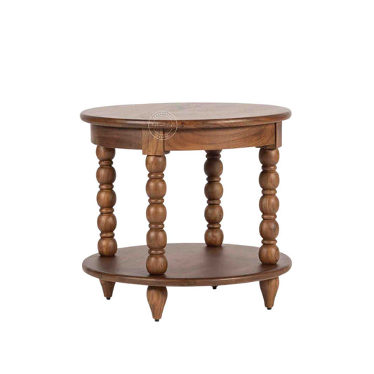 Handmade Marieta Sheesham Wood Vintage End Table in a dark honey finish.