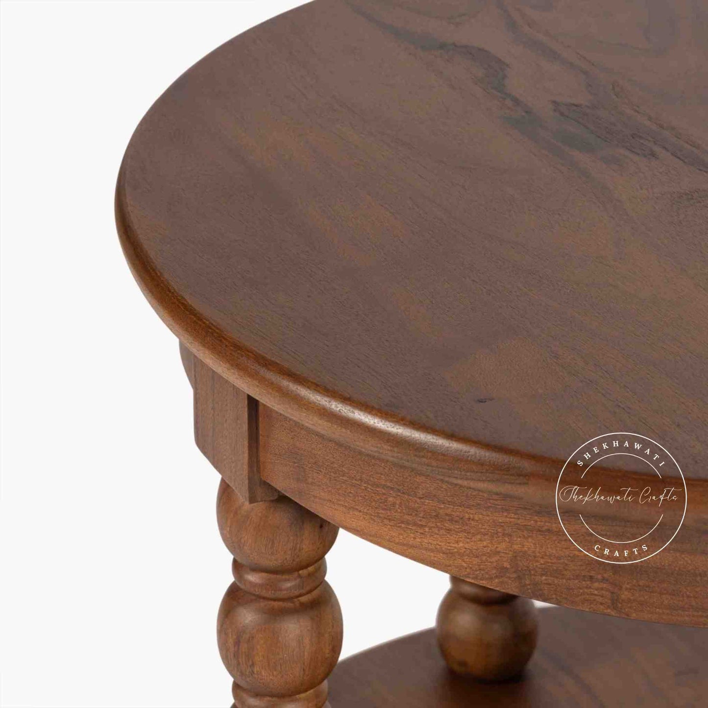 Handmade Marieta Sheesham Wood Vintage End Table in a dark honey finish.