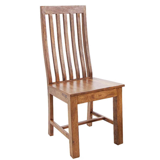 Handcrafted Maurice High Back Wooden Chair made of sheesham wood with a honey finish and added backrest support.