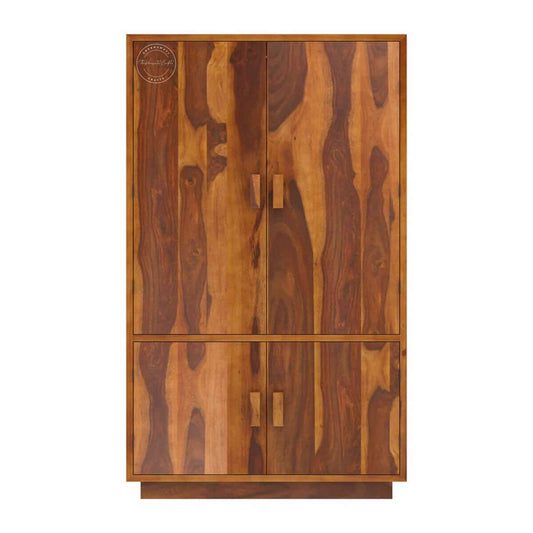 Handcrafted Melisa Wardrobe in solid sheesham wood with honey finish, foldable shelf, two drawers and modern bedroom wooden furniture.