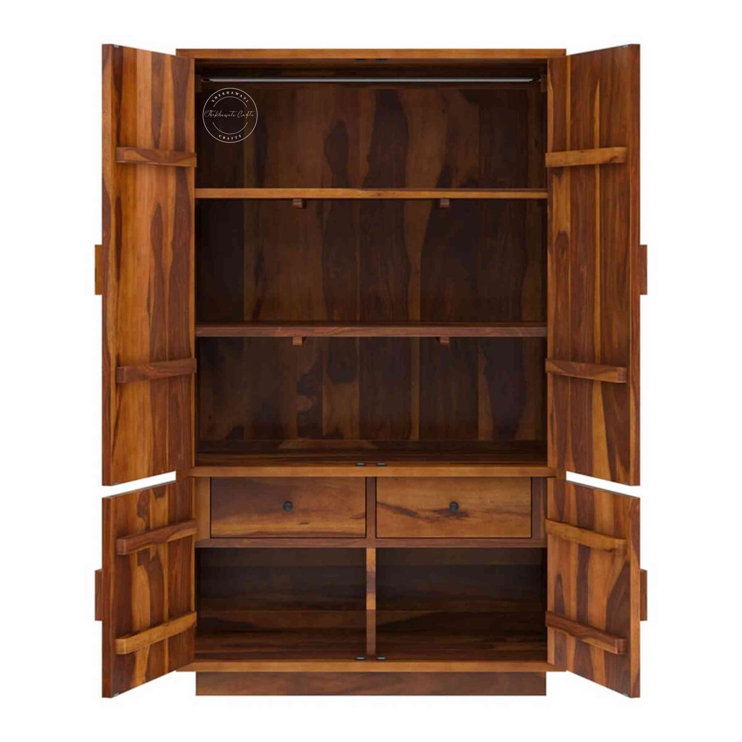 Handcrafted Melisa Wardrobe in solid sheesham wood with honey finish, foldable shelf, two drawers and modern bedroom wooden furniture.